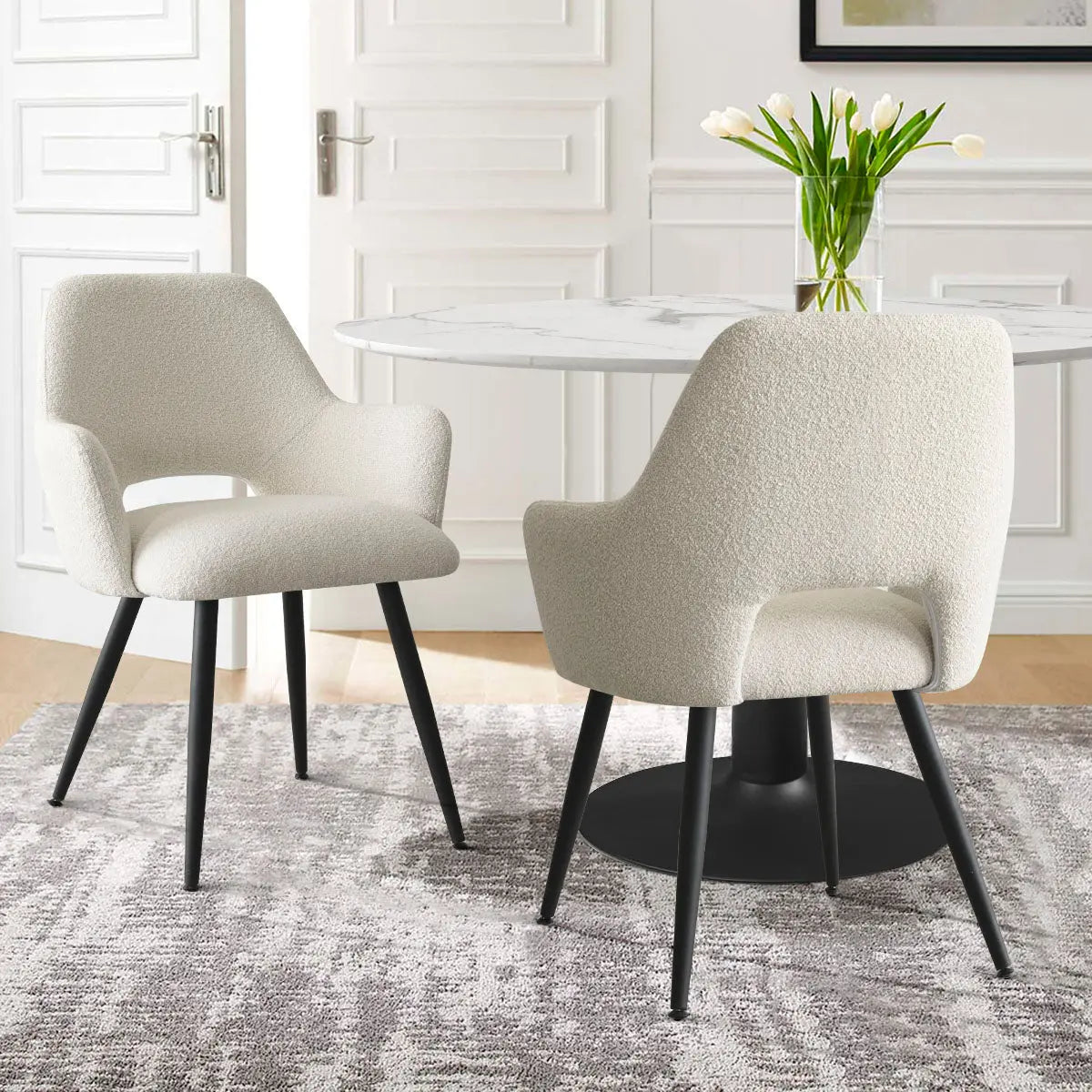 Edwin Modern Upholstered Dining Chair set in elegant dining room, marble table, neutral decor.