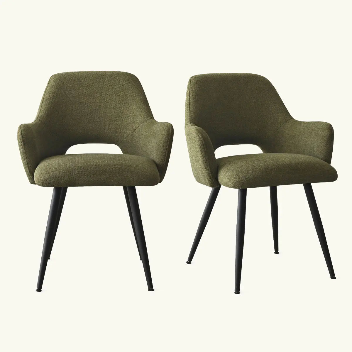 Pair of green Edwin upholstered dining chairs with arms, black legs, modern style.