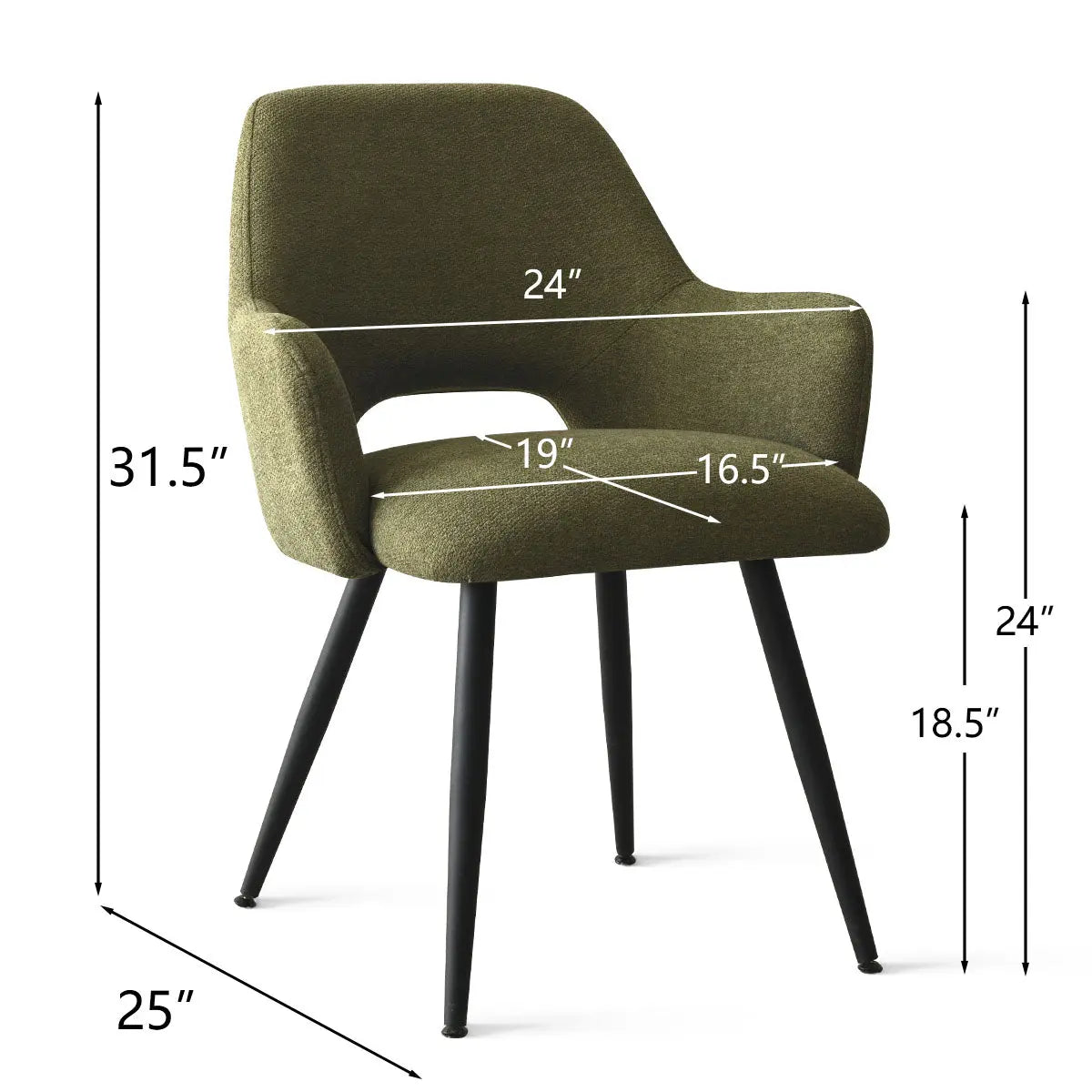 Edwin Modern Upholstered Dining Chair with Arms, dimensions shown, featuring sleek black legs, green upholstery.