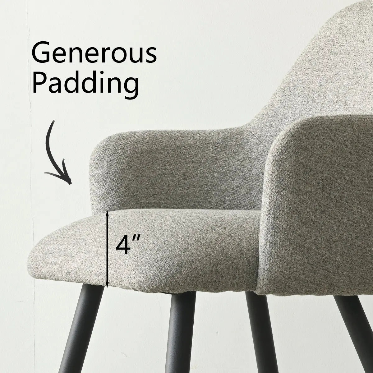 Grey Edwin Modern Upholstered Dining Chair with Arms, text highlighting generous padding, 4-inch dimension.