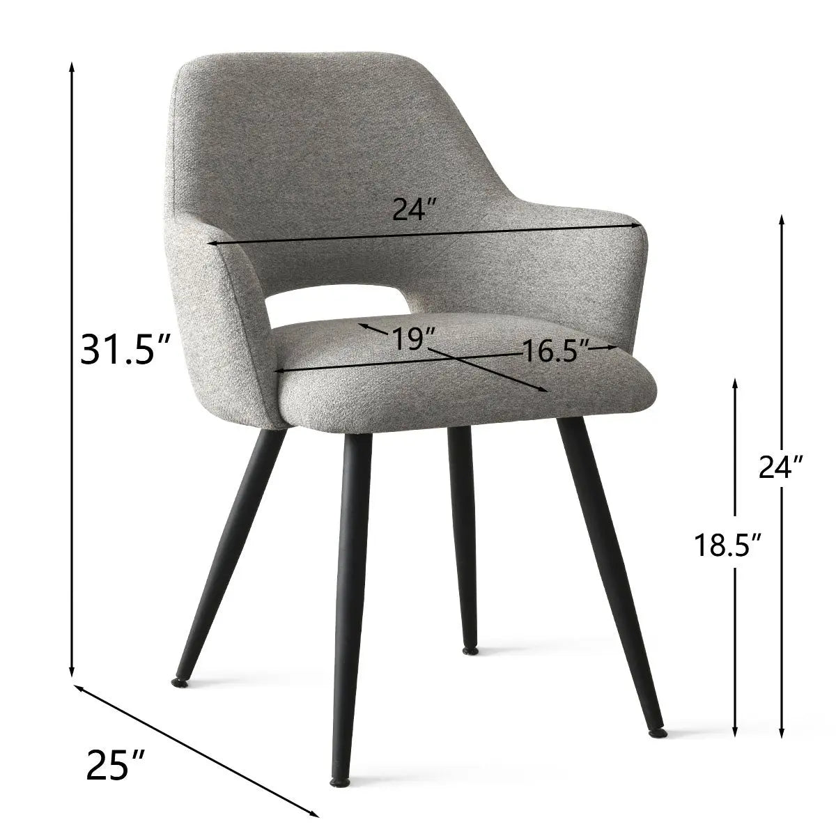 Edwin Modern Upholstered Dining Chair with Arms, gray fabric, black legs, dimensions specified.