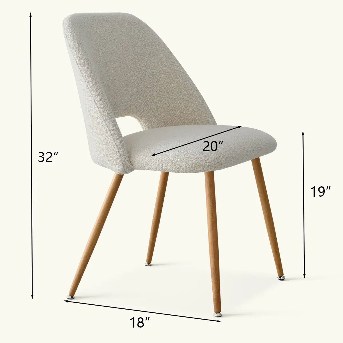 Edwin Modern Upholstered Dining Chair with dimensions, white upholstery, wooden legs, contemporary design.