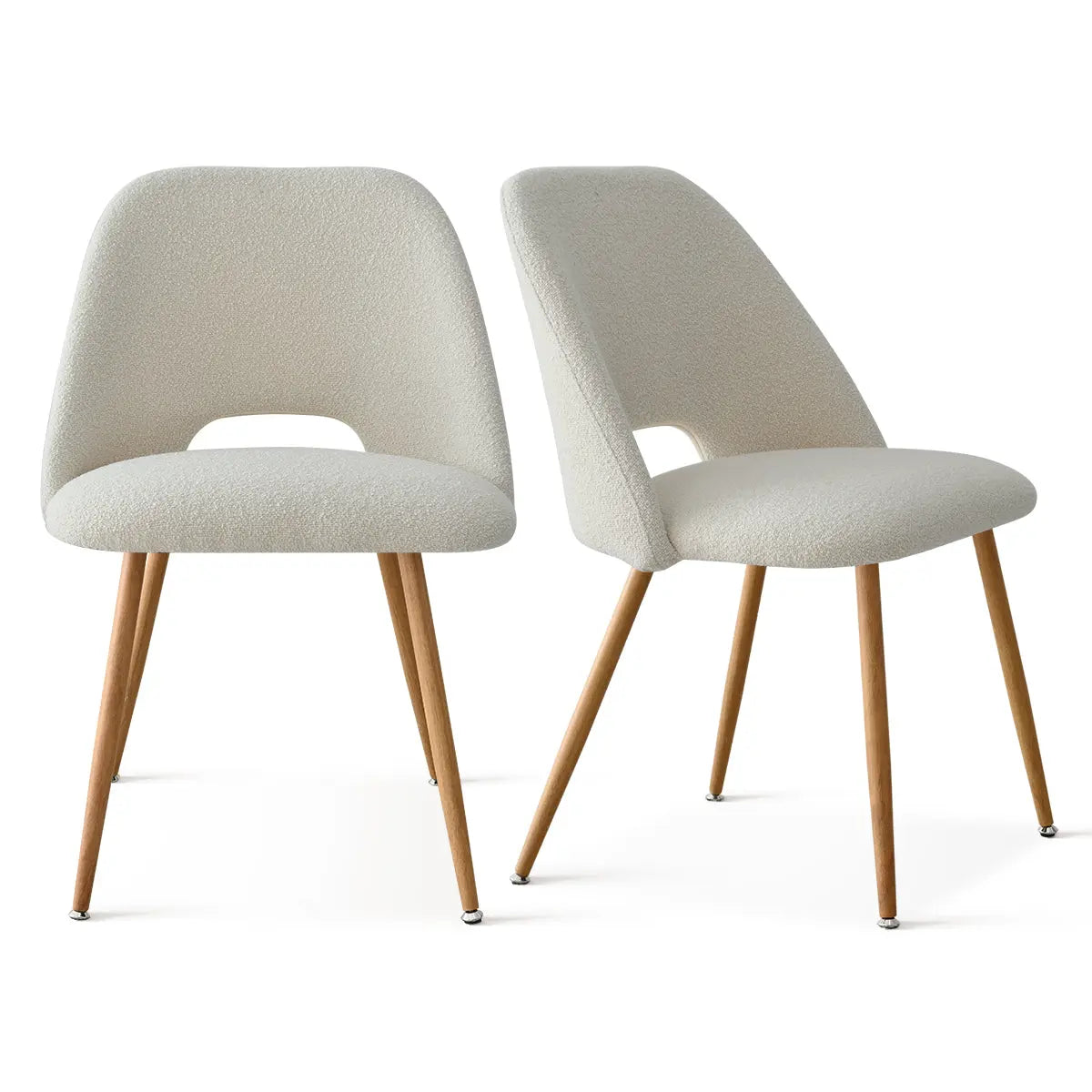 Dwen & Edwin white upholstered dining chairs with wooden legs, modern style, dining room furniture.