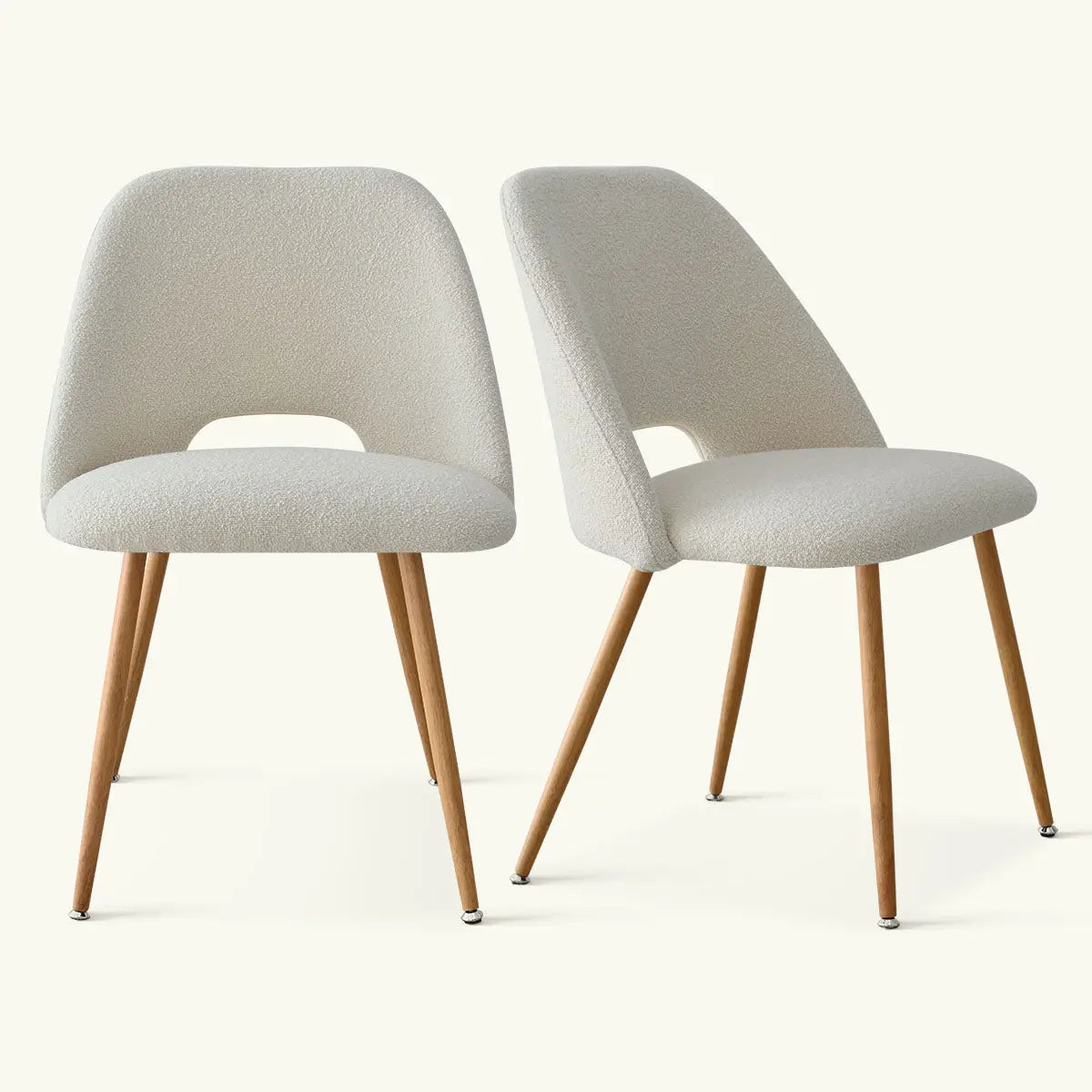 Edwin Modern Upholstered Dining Chair set, minimalist design, wooden legs, neutral backdrop, two chairs.