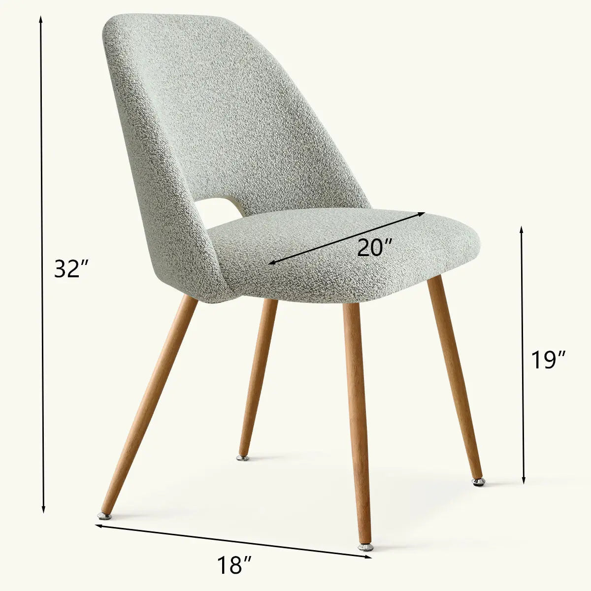 Edwin Modern Upholstered Dining Chair dimensions, 32"x20"x19" with wood legs; minimalist design.