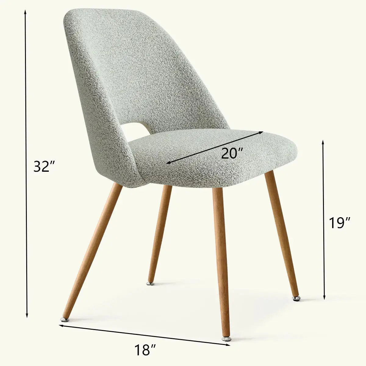 Edwin Modern Boucle Upholstered Dining Chair dimensions; sleek design with wooden legs; neutral background.