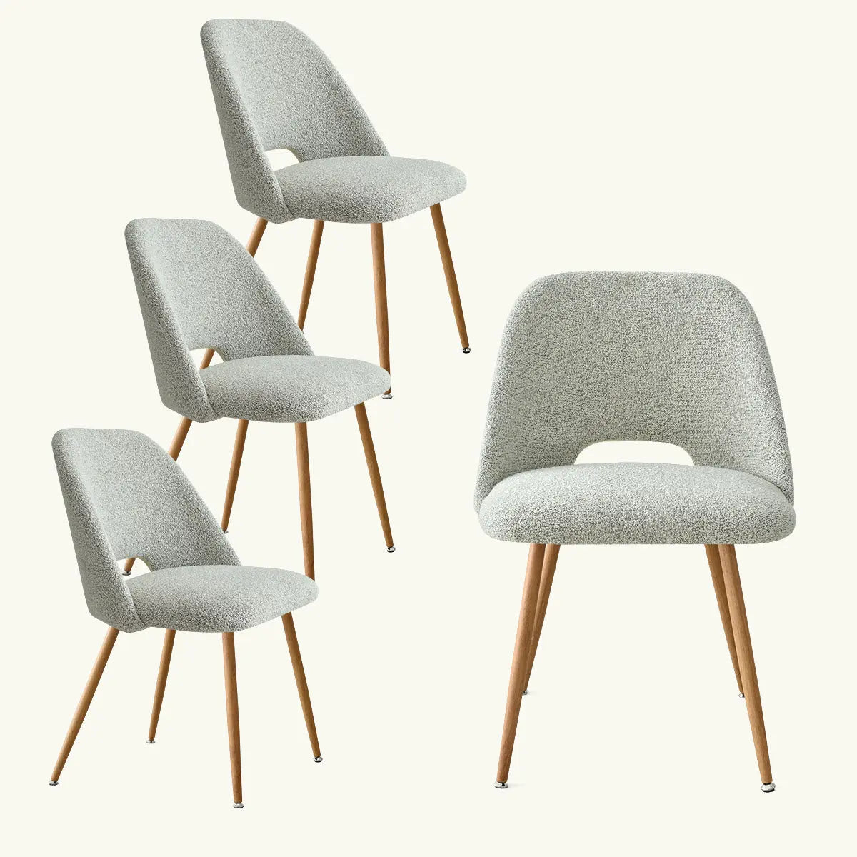 Edwin Modern Boucle Dining Chair set with wooden legs, minimalistic design, neutral background.