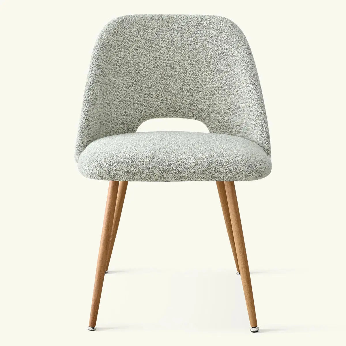 Edwin Modern Boucle Upholstered Dining Chair with wooden legs, neutral color background, contemporary design.