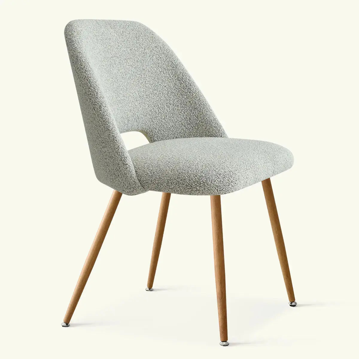 Edwin Modern Boucle Dining Chair with wooden legs, textured upholstery, light background, room accent.