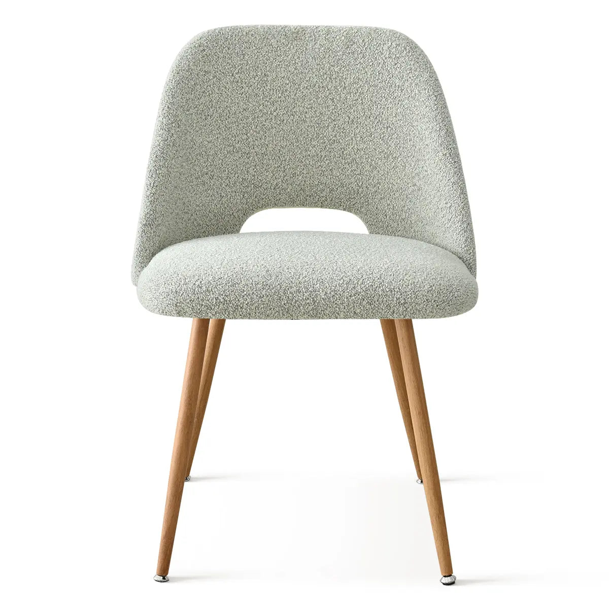 Modern dining chair from Dwen & Edwin set, featuring wooden legs and light gray upholstery.