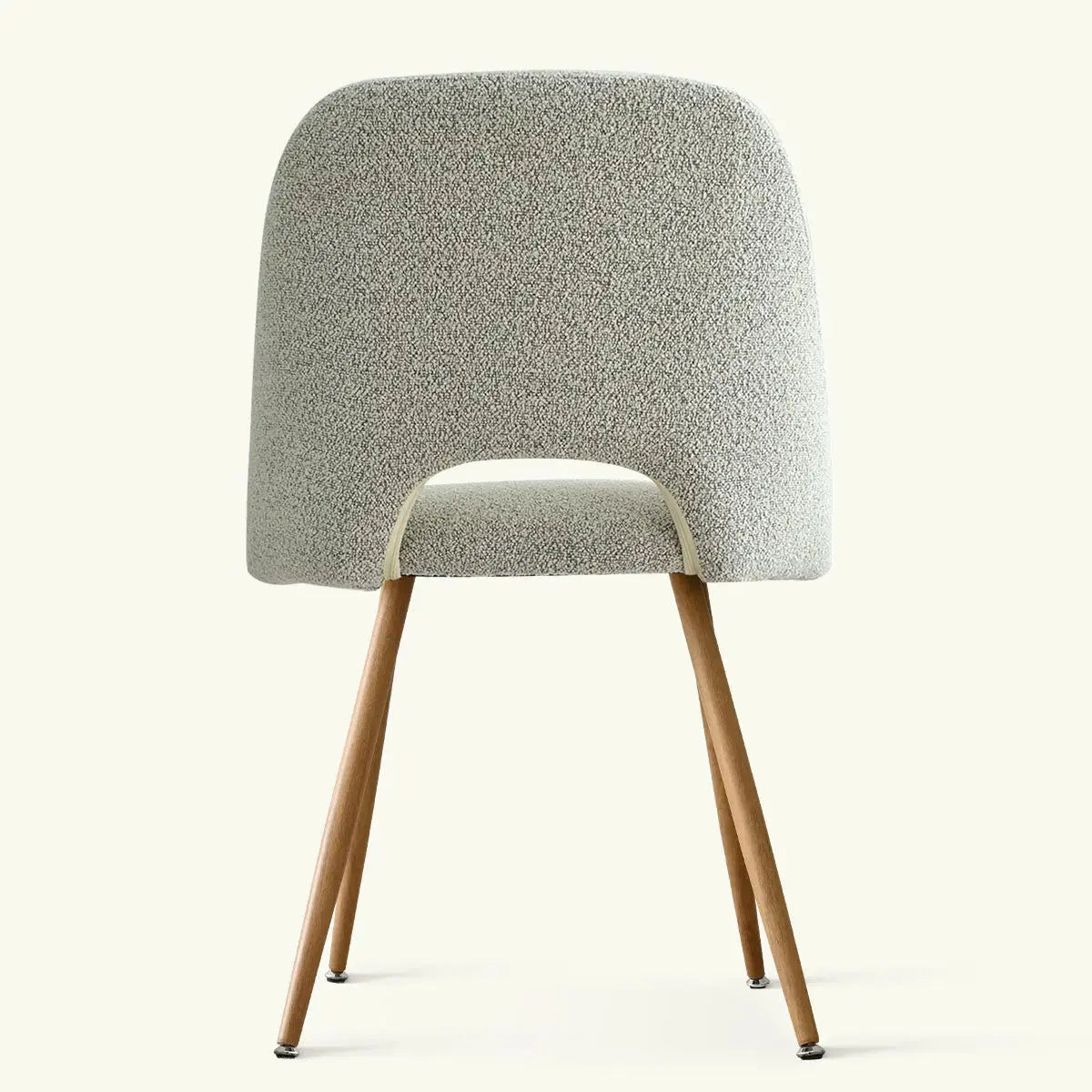 Back view of Edwin Modern Boucle Upholstered Dining Chair with wooden legs.