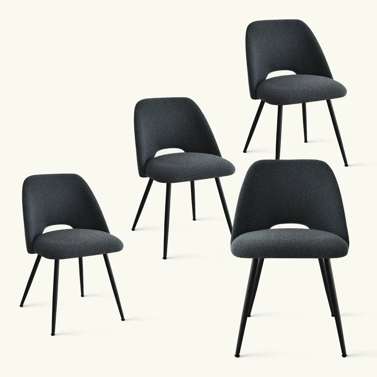 Four Edwin Modern Upholstered Dining Chairs with Metal Legs, black upholstery, and minimalist design.