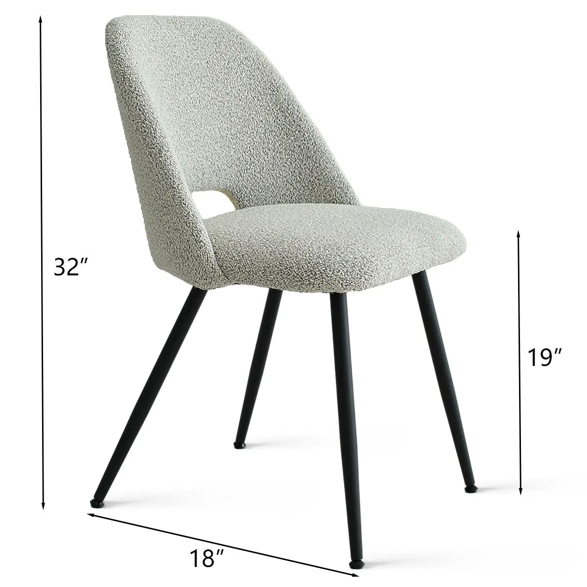 Edwin Modern Upholstered Dining Chair with Metal Legs, dimensions shown: 32"H x 18"W x 19"D.