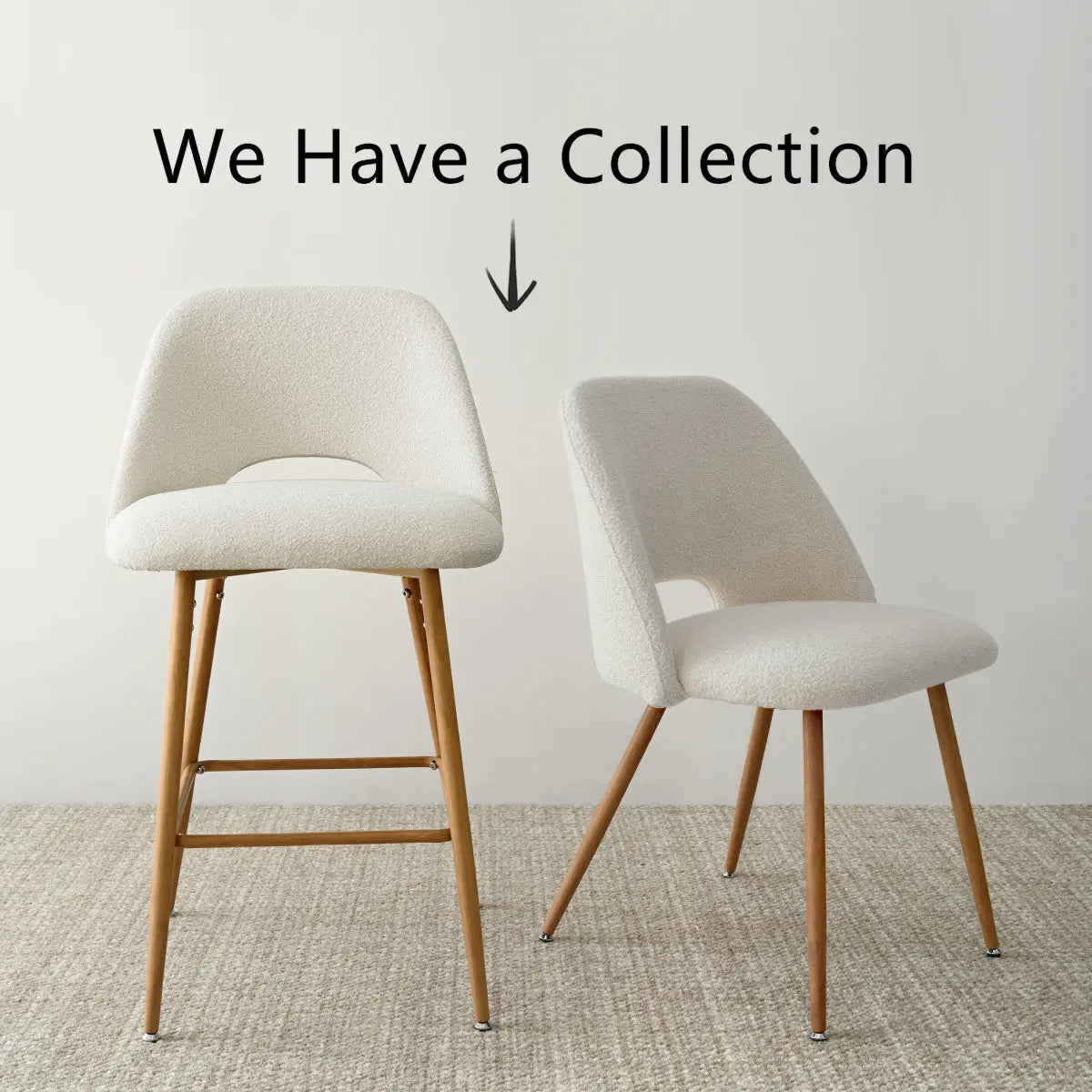 Edwin Modern Boucle Counter Stool with Oak Legs, beige carpet, minimalist design, white wall.