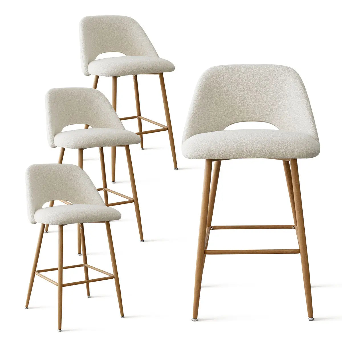 Edwin Modern Boucle Upholstered Counter Stool, oak legs, set of four, contemporary dining chairs.