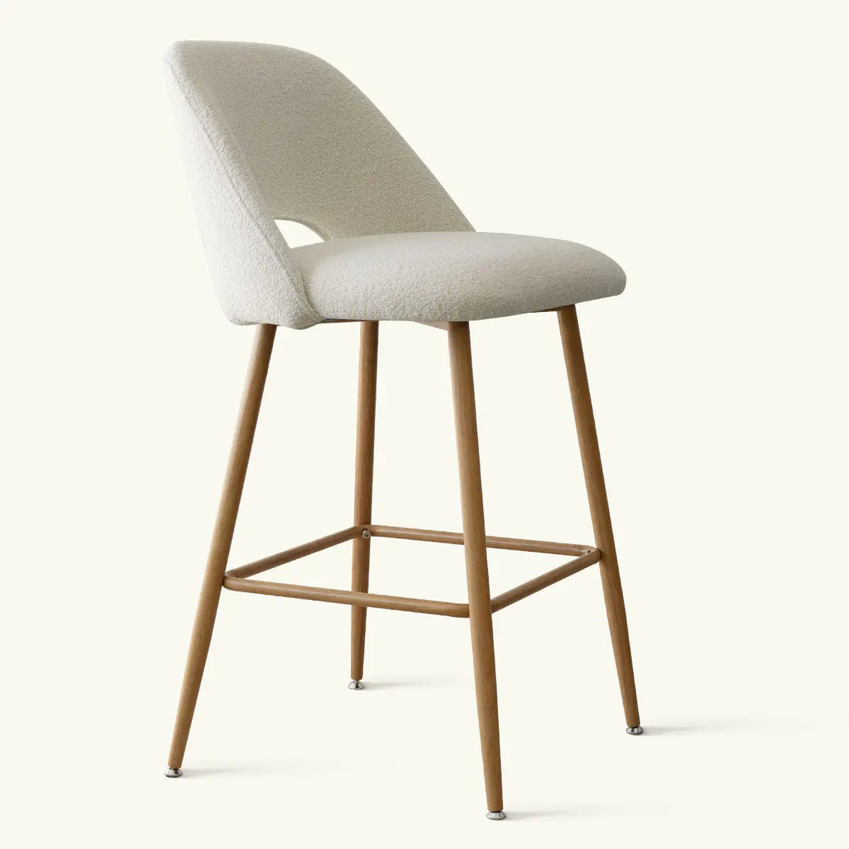 Edwin Modern Boucle Counter Stool with oak legs, upholstered seating, suitable for kitchen or bar.