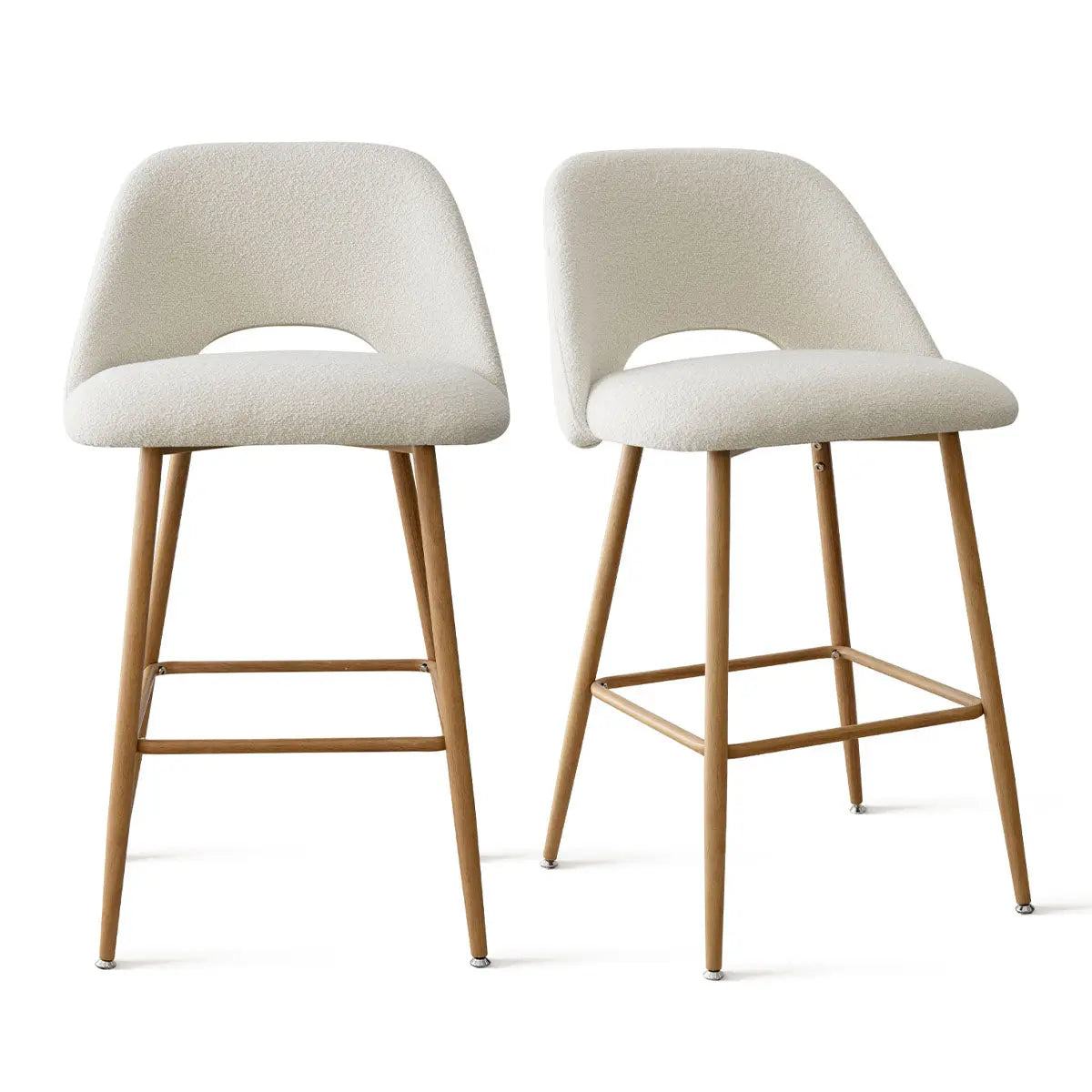 Edwin Modern Boucle upholstered counter stools with oak legs, minimalist design, set of two.