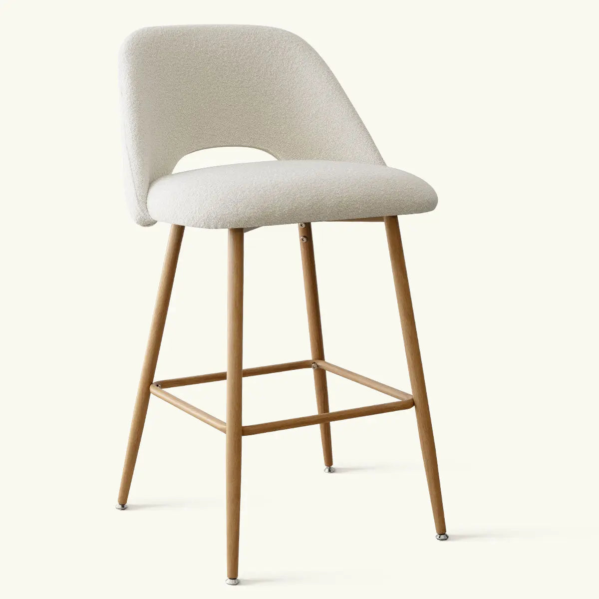 Edwin Modern Boucle Upholstered Counter Stool with Oak Legs, stylish seating in neutral setting.