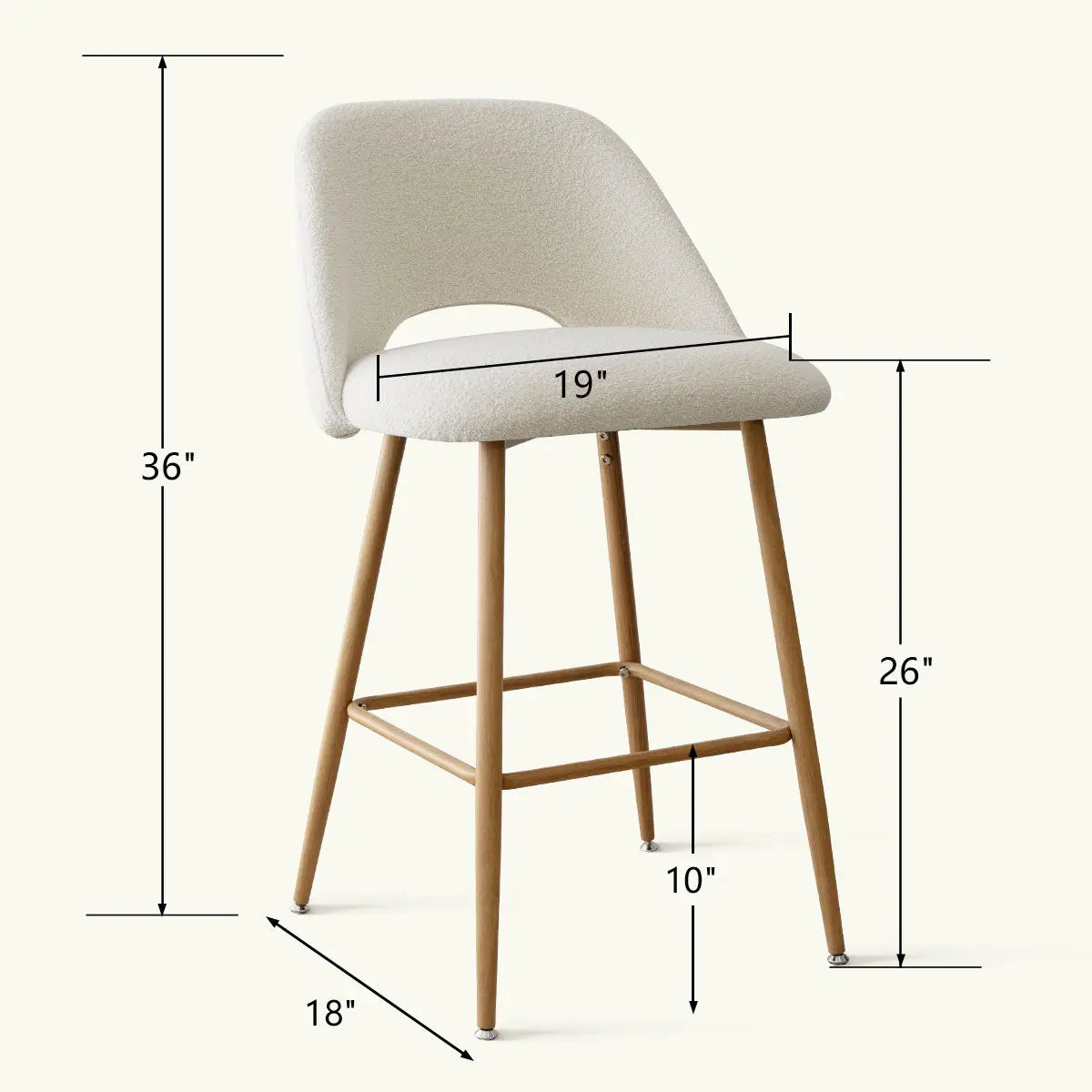 Edwin Modern Boucle Counter Stool, oak legs, dimensions; stylish seating for kitchens or bars.