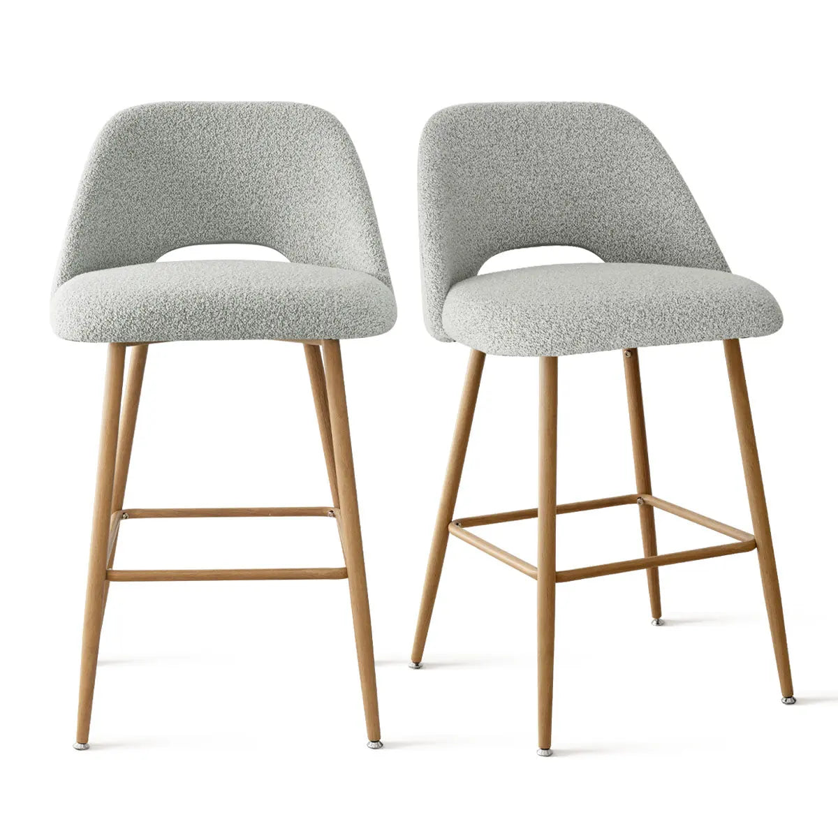 Edwin Modern Boucle Counter Stool with Oak Legs, upholstered seating, minimalist design, neutral setting.