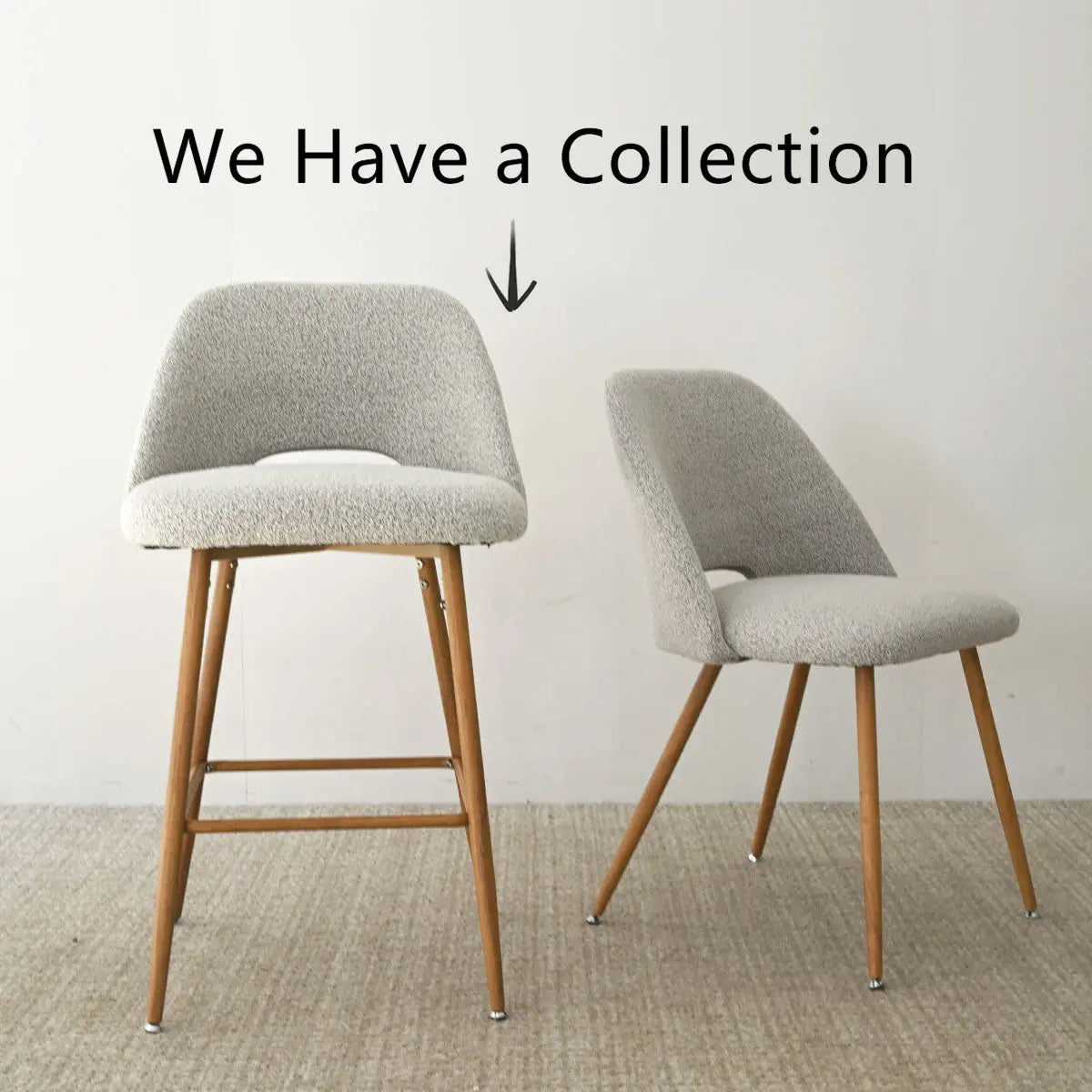 Edwin Modern Boucle Counter Stool with oak legs, beige fabric, in minimalist room on carpet flooring.