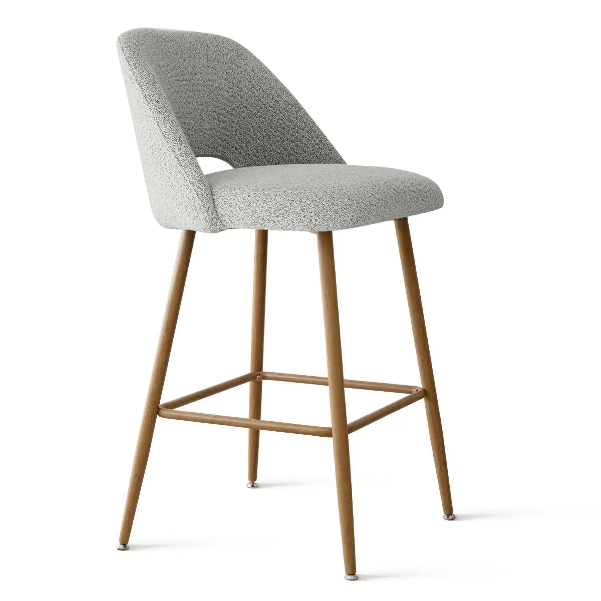 Edwin Modern Boucle Counter Stool with Oak Legs, upholstery detail, minimalist design.