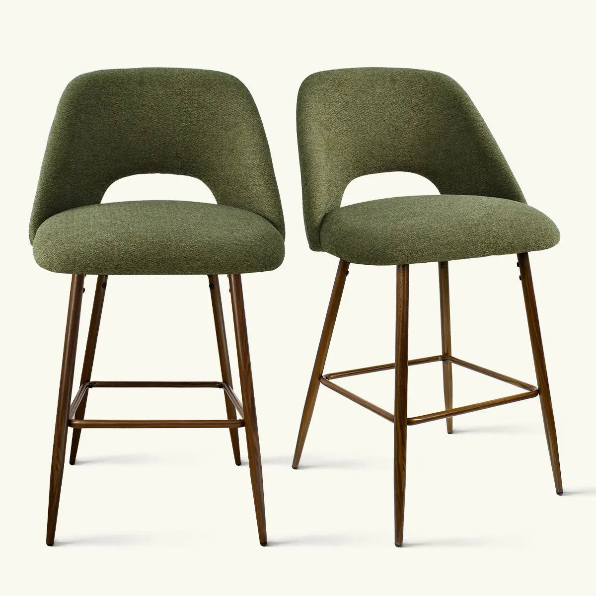 Edwin Counter Stool set, modern upholstered, green fabric, wood legs, home seating, kitchen furniture.