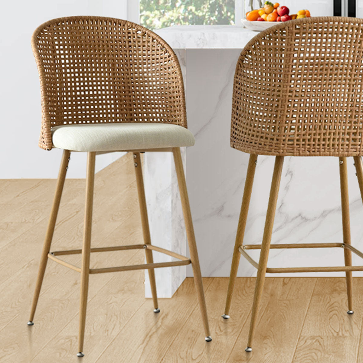 Grasse 29" Beige Rattan Upholstered Counter Stool (Set of 2)