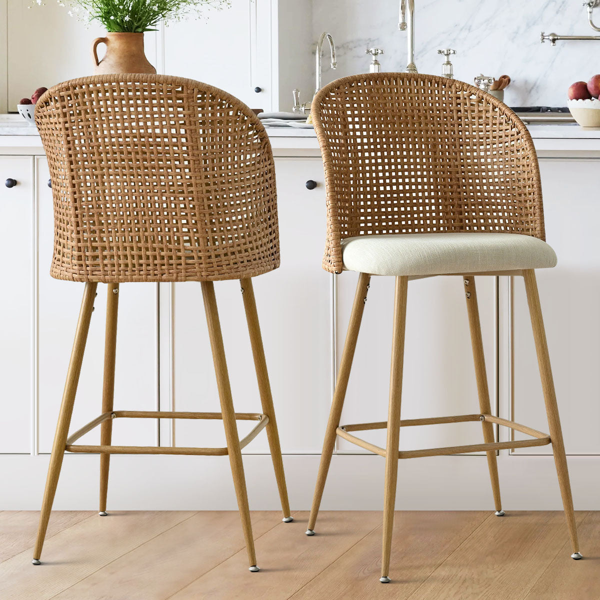 Grasse 29" Beige Rattan Upholstered Counter Stool (Set of 2)