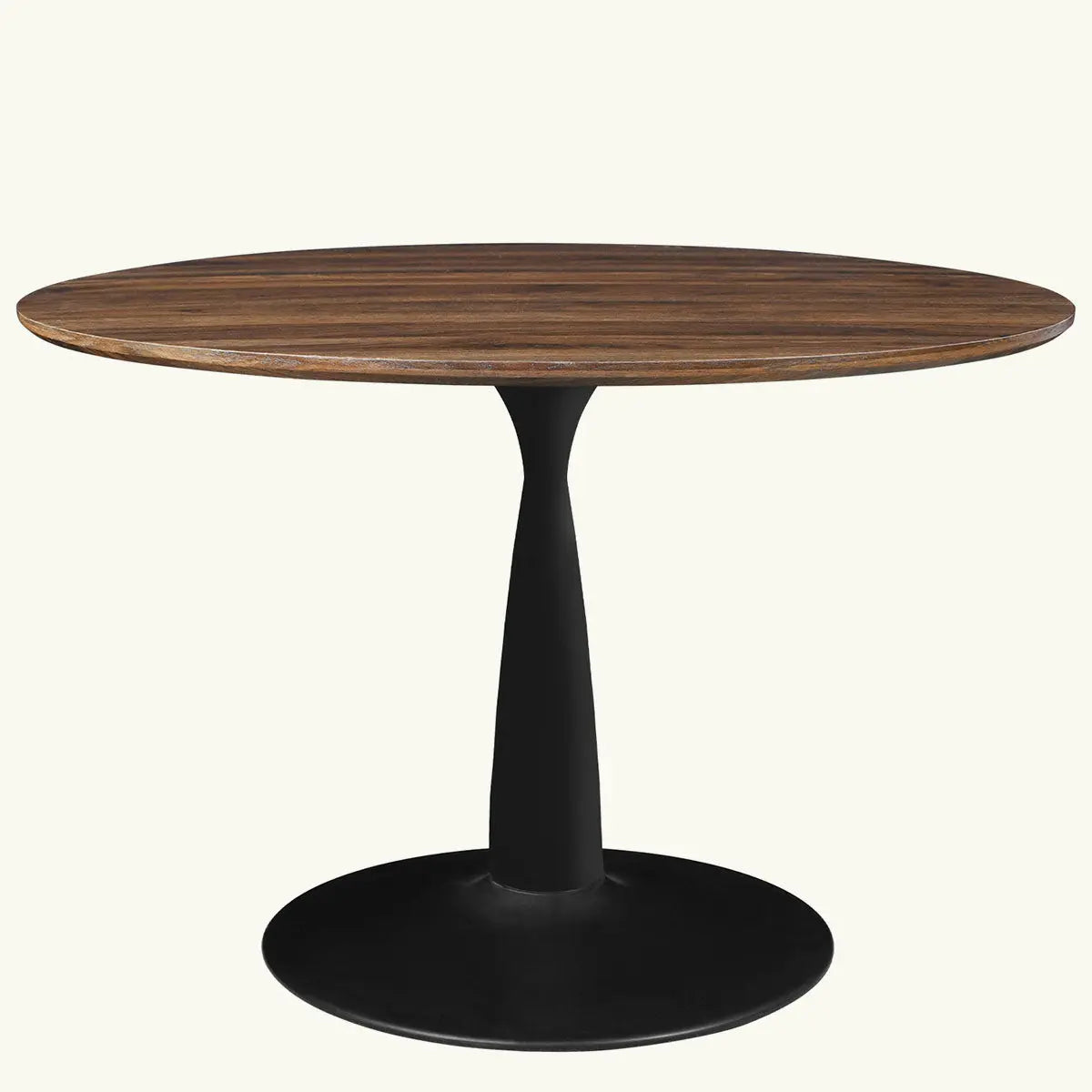 Harold Modern Round Pedestal Dining Table with sleek black base, wood finish, minimalist design.