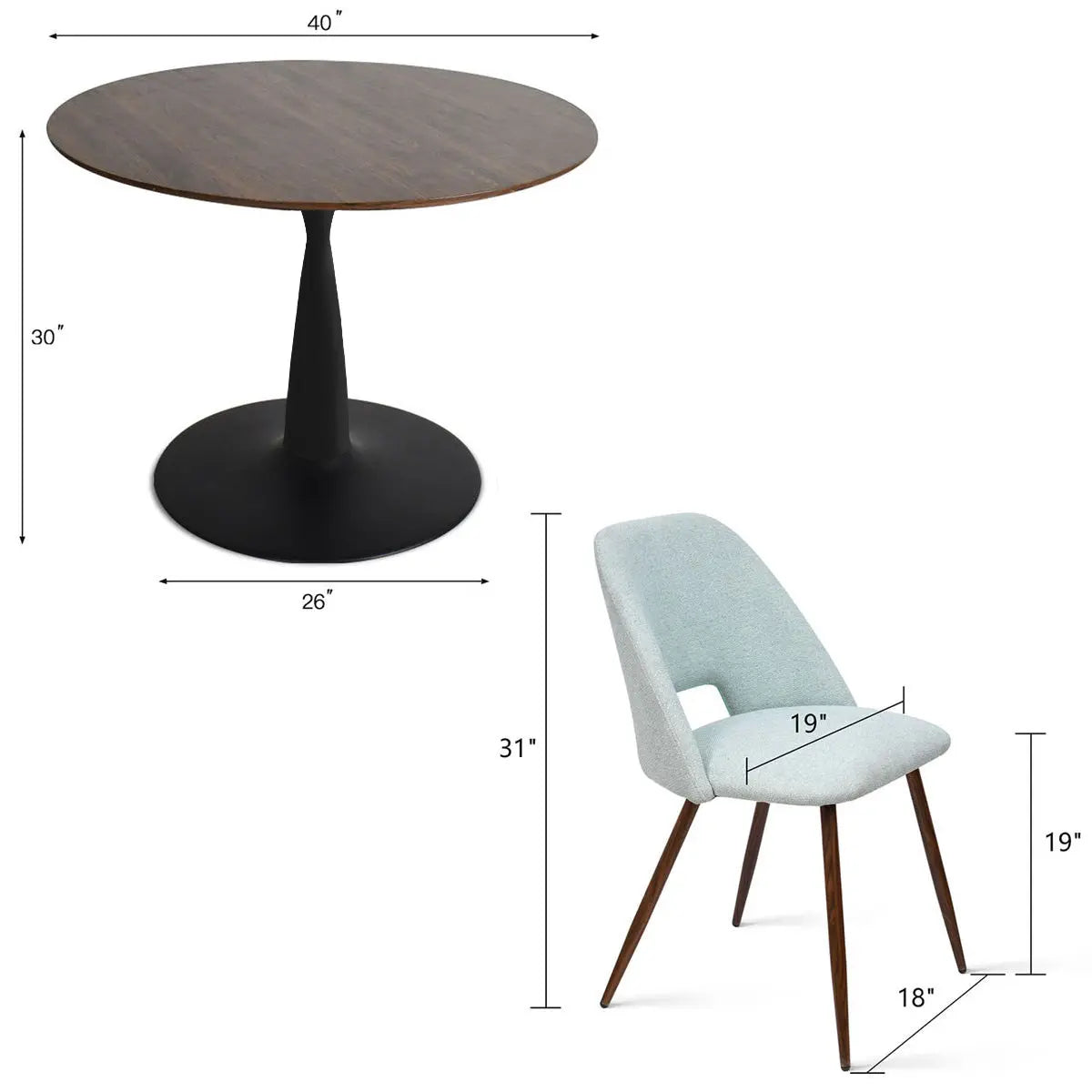 Harold & Edwin Modern Round Dining Table Set with dimensions and elegant blue chair.