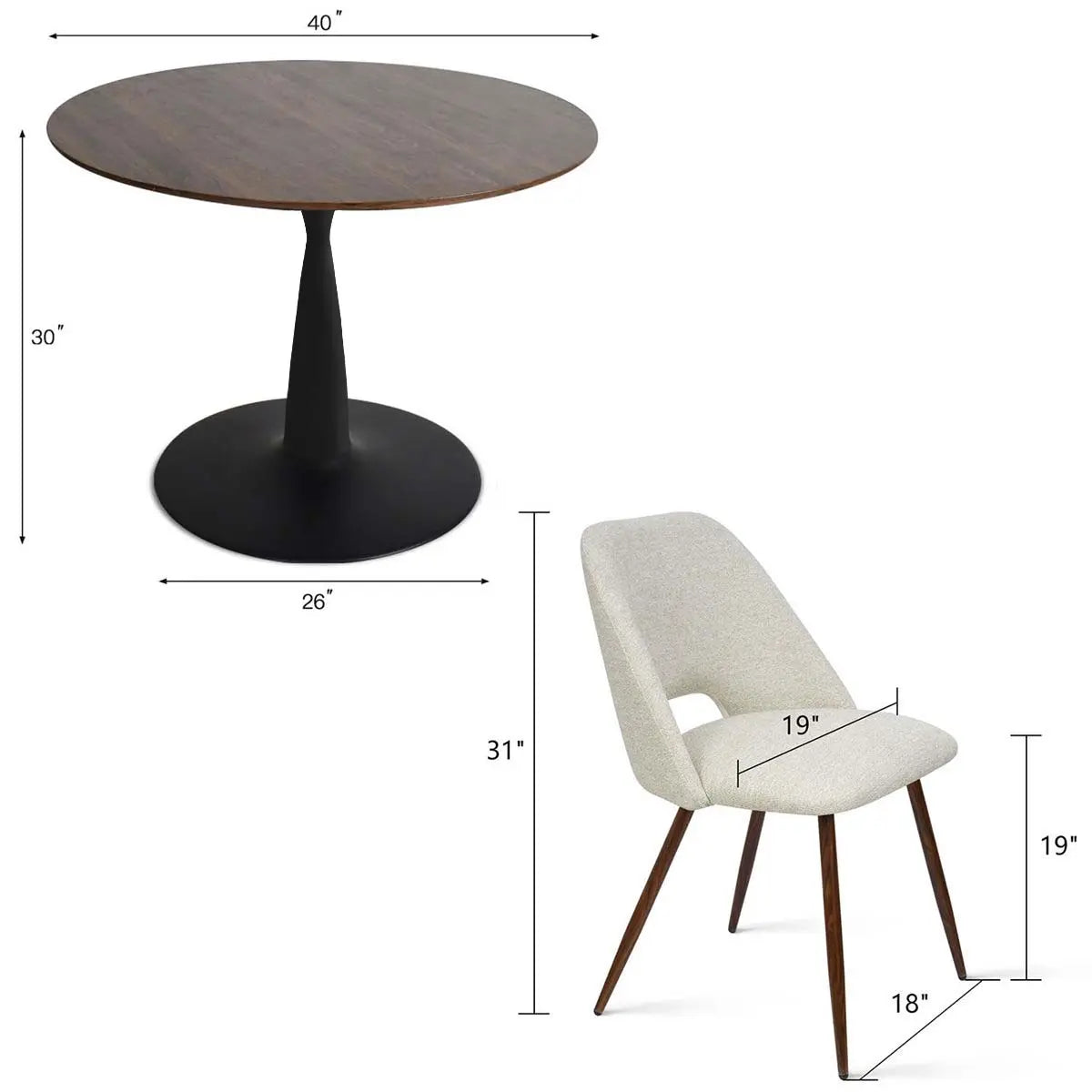 Dimensions of Harold & Edwin dining table set with modern round table and chair.