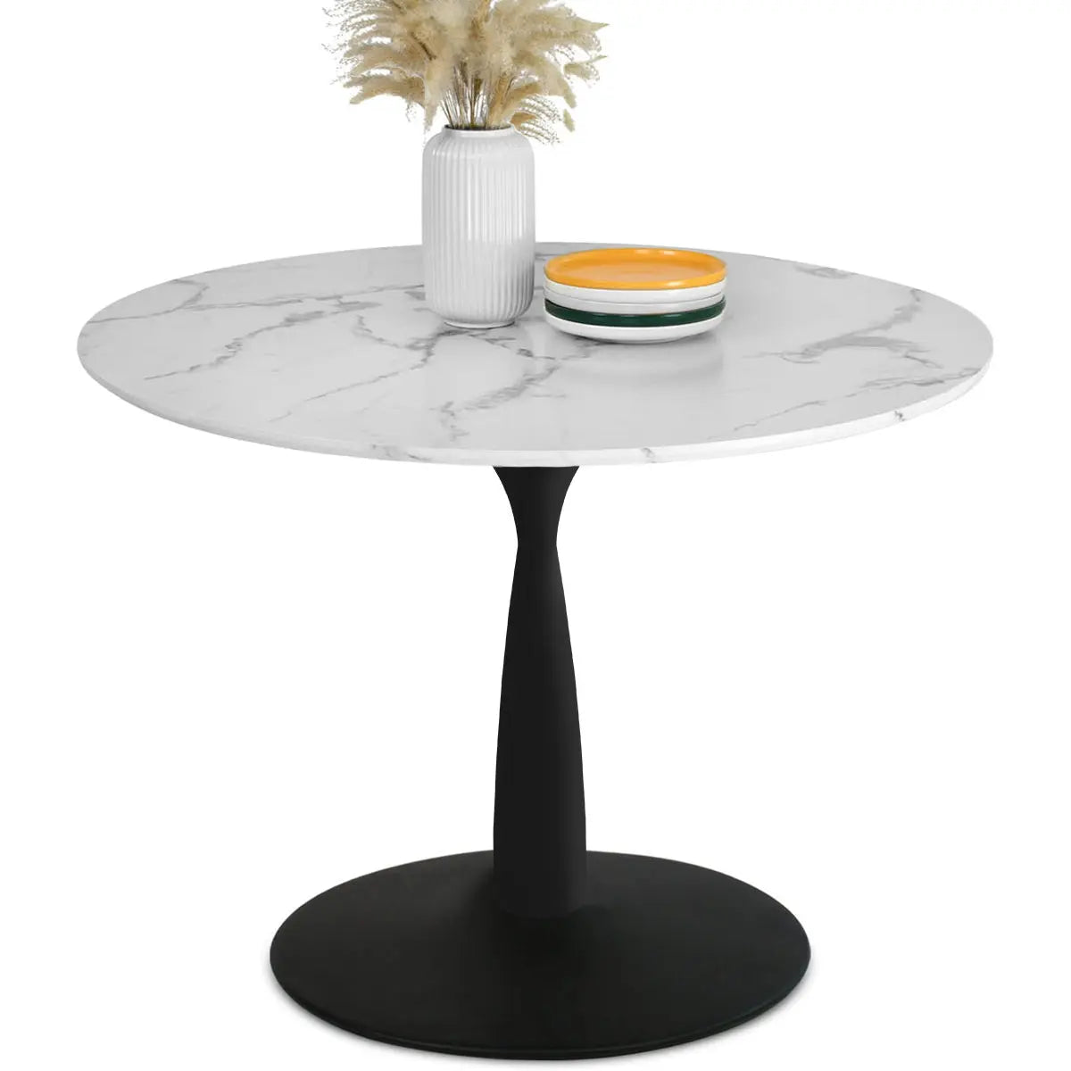 Harris Marble Pedestal Dining Table with black base, marble top, modern minimalist design, no room setting.