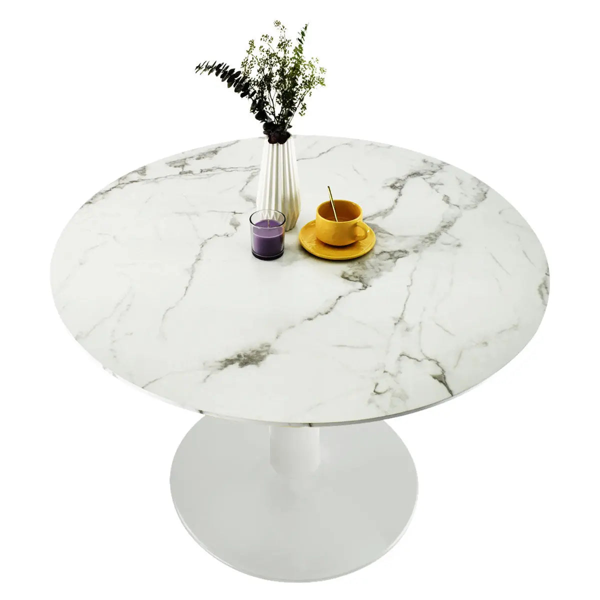 Harris Marble Top Round Pedestal Dining Table with marble surface.