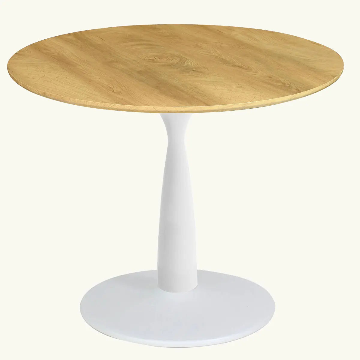 Harrison Modern Oak Round Pedestal Dining Table with sleek white base for contemporary dining spaces.