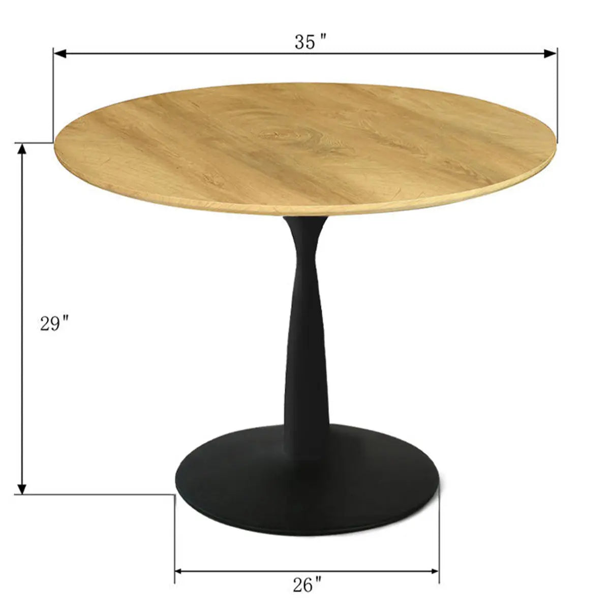 Harrison Modern Oak Round Pedestal Dining Table dimensions: 35" top, 26" base, 29" height.