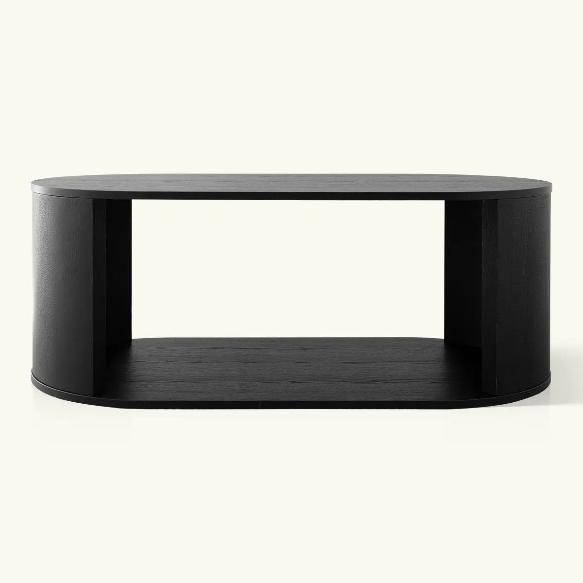 Hobo Modern Black Oval Coffee Table in minimalist room with light walls, hardwood flooring.