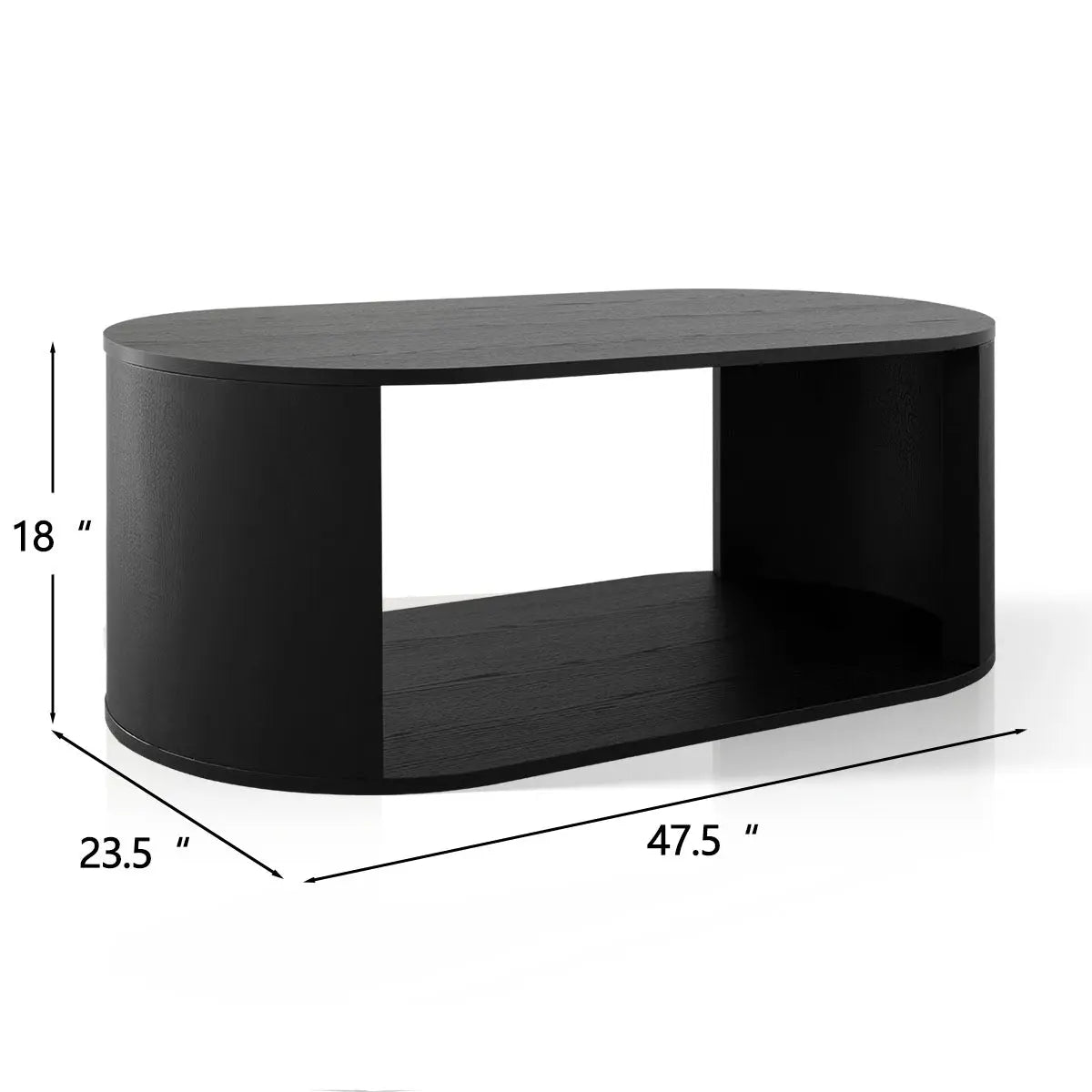 Hobo Modern Black Oval Coffee Table, dimensions 47.5" x 23.5" x 18", sleek minimalist design.