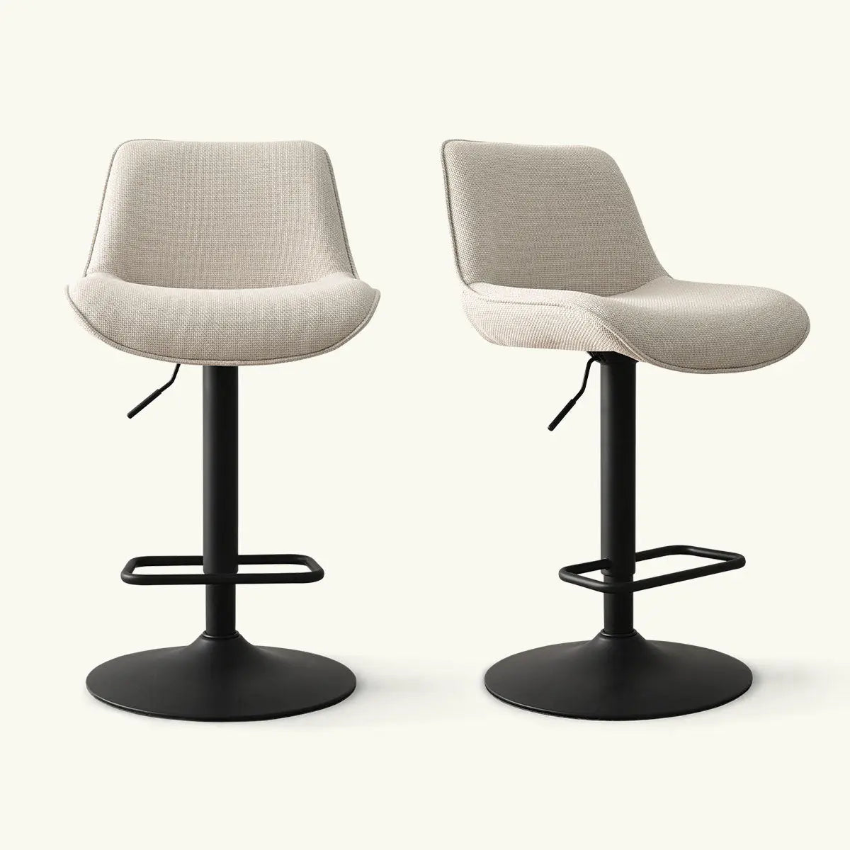 Hunter Modern Upholstered Swivel Adjustable Counter Stool pair, neutral upholstery, black base, versatile design.