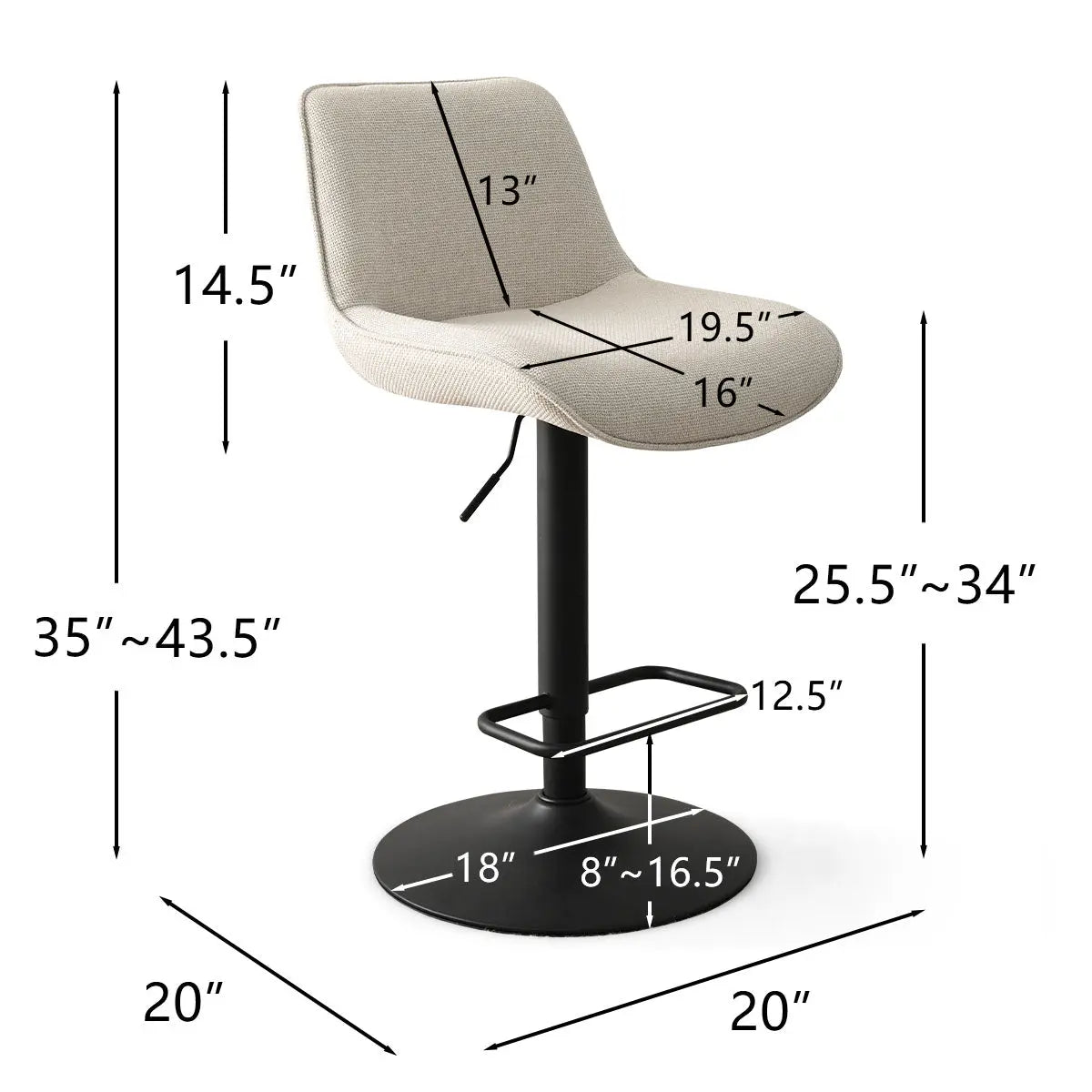 Hunter Modern Upholstered Swivel Adjustable Counter Stool dimensions with sleek black base and neutral seat.