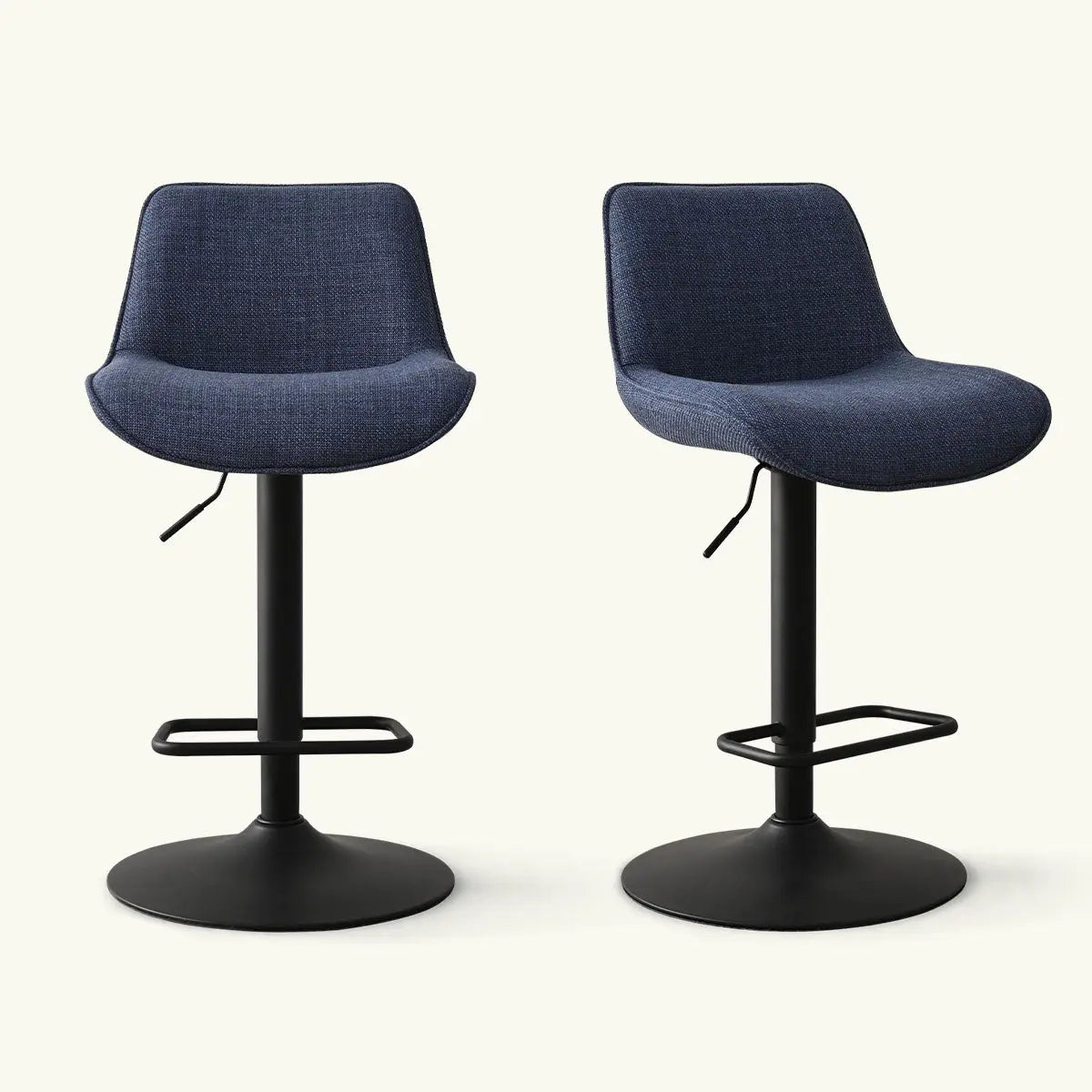 Set of two Hunter Modern Upholstered Swivel Adjustable Counter Stools with black metal bases.