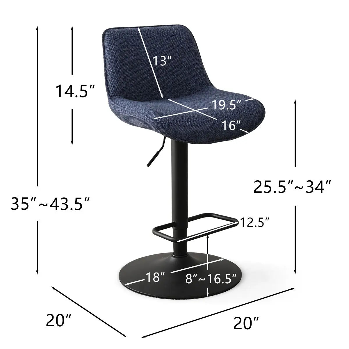 Hunter Modern Swivel Counter Stool dimensions, upholstered design, adjustable height, with black base.