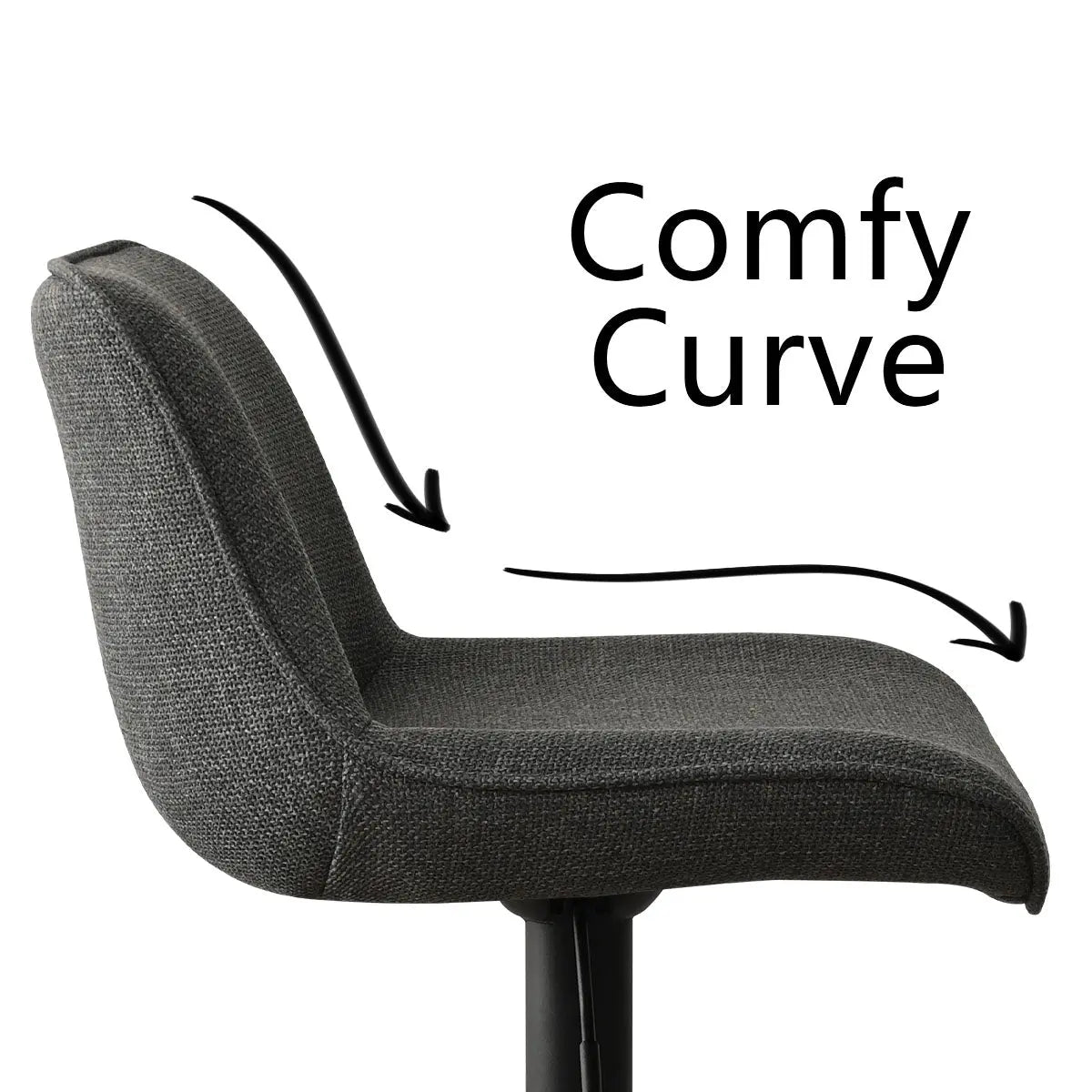 Hunter Modern Swivel Adjustable Stool with Comfy Curve Feature, Gray Upholstery, Side View.