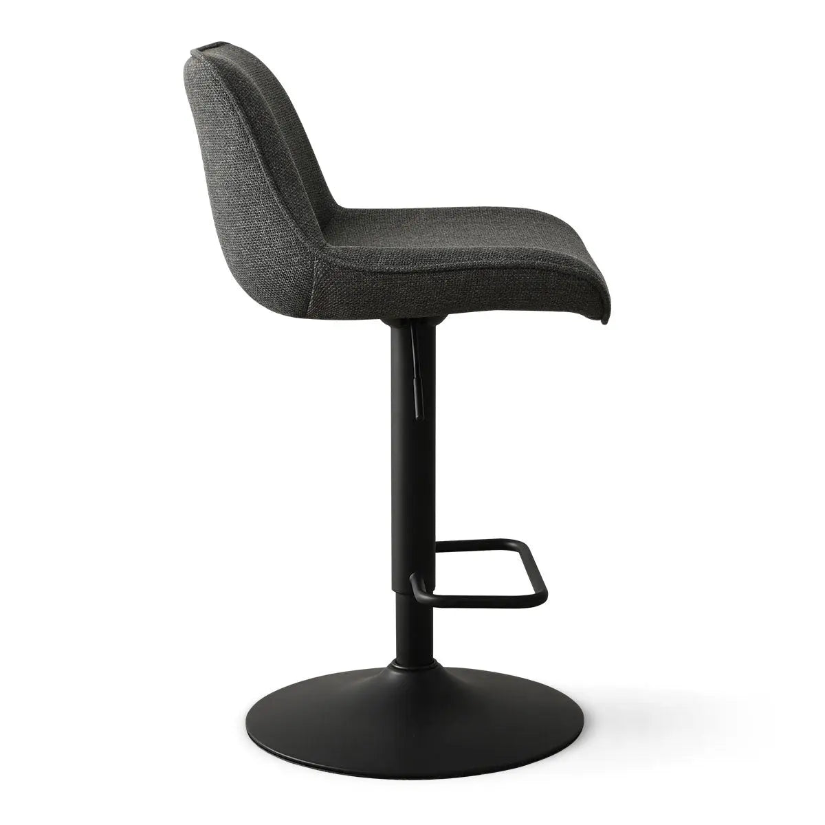 Hunter Modern Upholstered Swivel Adjustable Counter Stool with black base, side view, minimalist design.