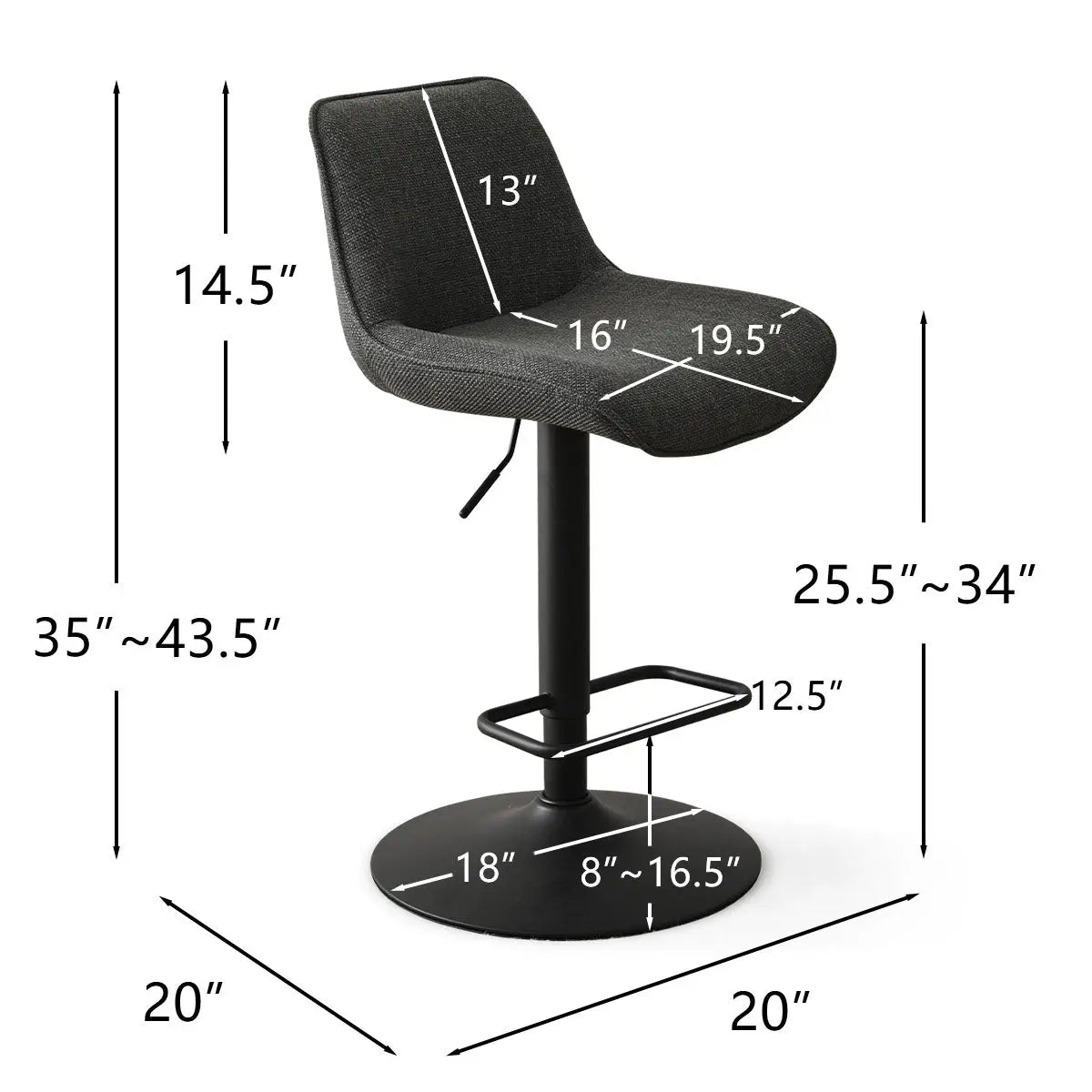 Hunter Modern Upholstered Swivel Adjustable Counter Stool dimensions with stylish black finish.