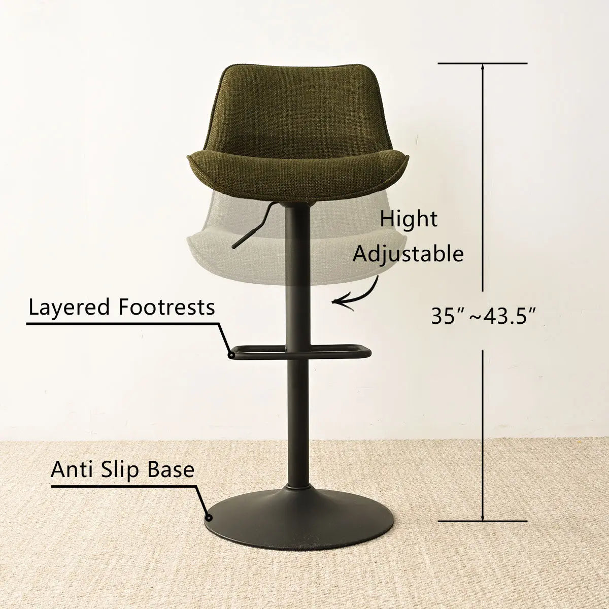 Hunter Modern Upholstered Swivel Adjustable Counter Stool with layered footrests, dimension 35" to 43.5".