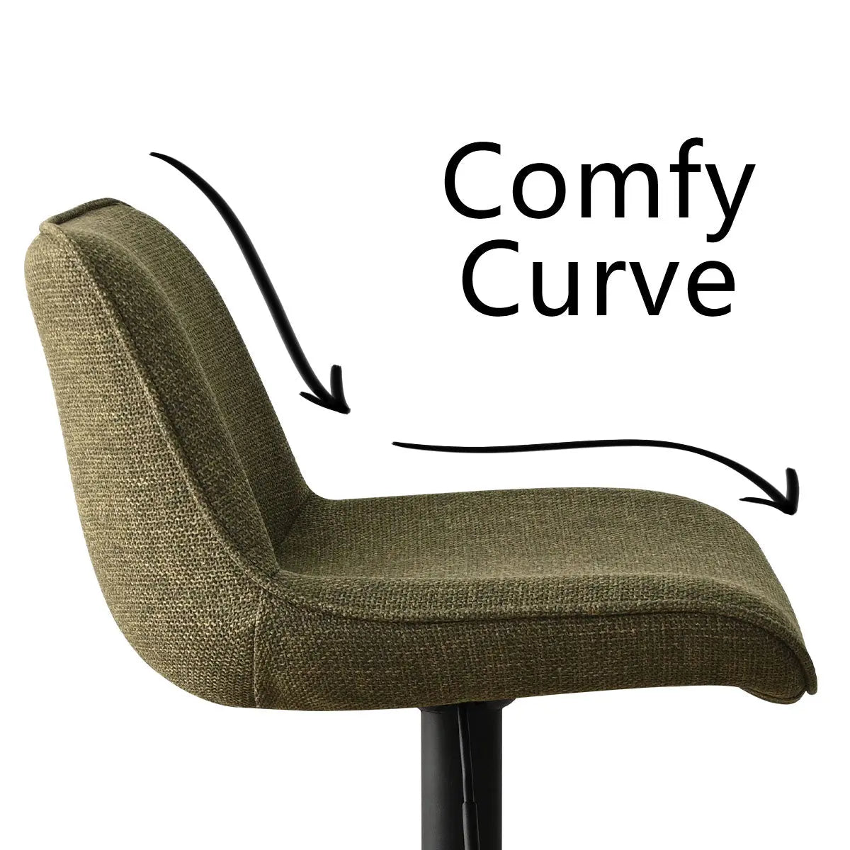 Hunter Modern Upholstered Swivel Counter Stool with Comfy Curve, olive fabric, adjustable height feature.