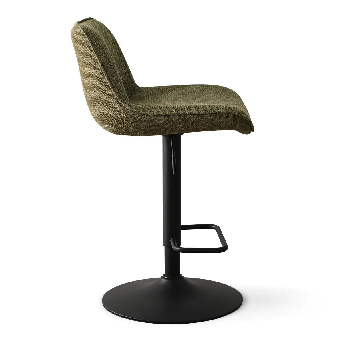 Hunter Modern Upholstered Swivel Adjustable Counter Stool with black base, showing side profile.