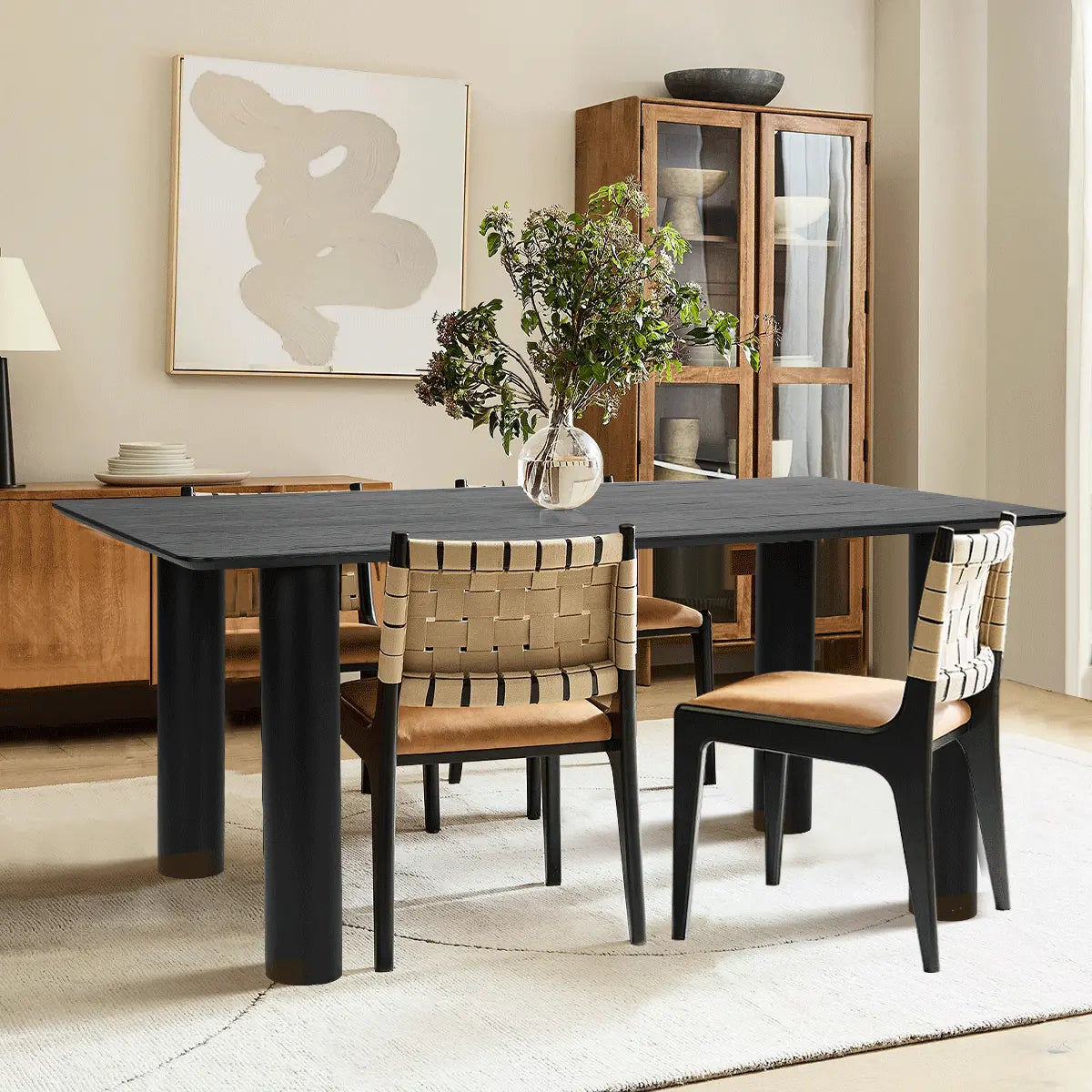 Johson Modern Solid Oak Rectangle Dining Table with beige chairs, light rug, wooden cabinet in dining room.