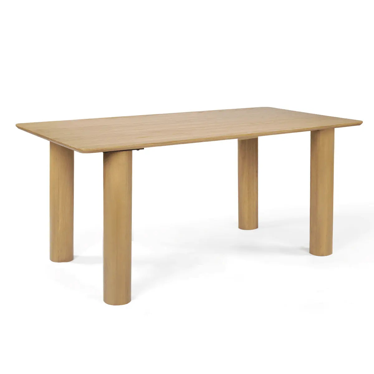 Johson Modern Solid Oak Dining Table in room, wood flooring, complementary modern decor elements.